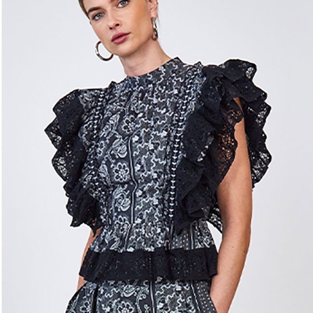 Hunter Bell NYC Eliza Ruffle Lace Top in Black Gray Floral Stripe Sz 8